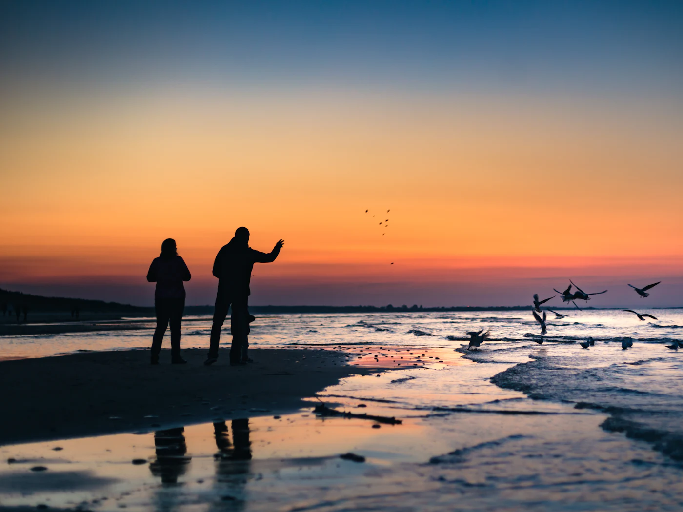 Two people standing at the water's edge as the tide goes out at sunset.