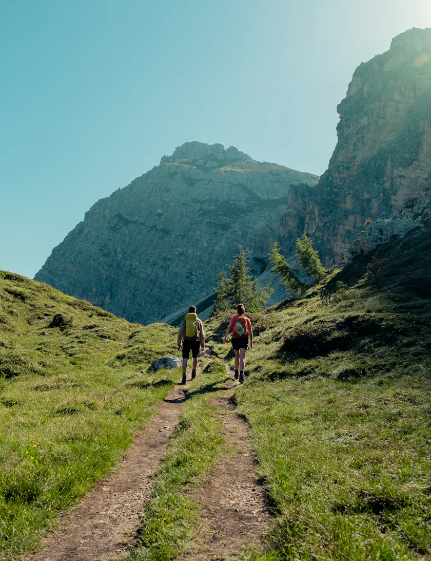 Two hikers walking side by side up a mountain trail, seen from behind.